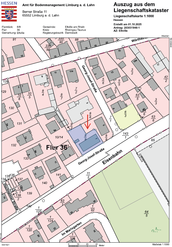 Katasterauszug markiert Mehrfamilienhaus Eltville
